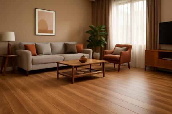 غرفة معيشة حديثة بأرضية باركية خشبية