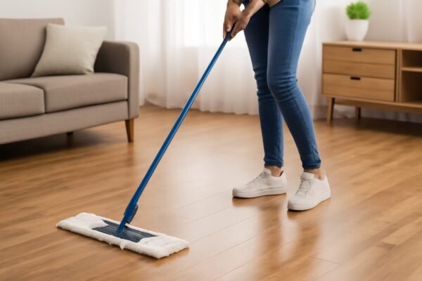 شخص يقوم بتنظيف أرضية باركية باستخدام ممسحة ناعمة ومبللة