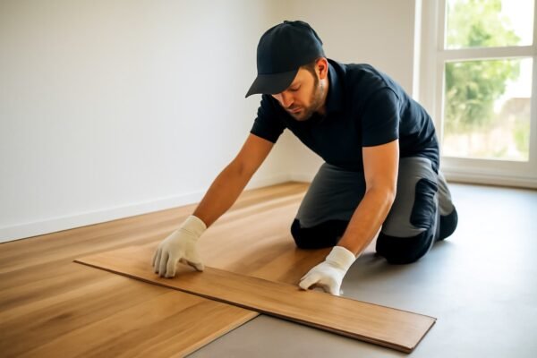 فني يركب الألواح الخشبية في غرفة معيشة، مع التركيز على دقة التثبيت