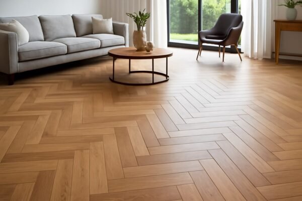 أرضية باركية خشبية هندسية في صالة حديثة، تظهر تركيب الأرضية بشكل محكم.