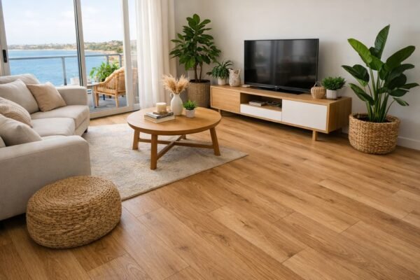 باركية SPC مقاومة للرطوبة في غرفة معيشة بشاليه الخيران