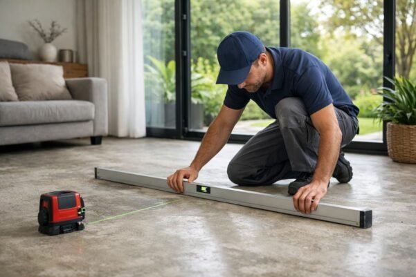 فني يقيس استواء الأرضية قبل تركيب الباركيه