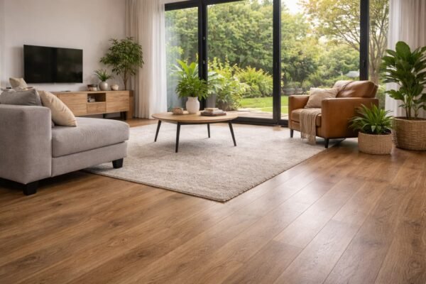 أرضية باركيه نهائية في صالة عصرية بإضاءة دافئة