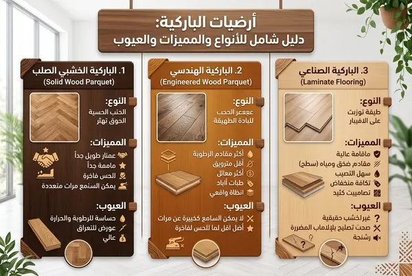 إنفوجرافيك توضيحي يستعرض أنواع أرضيات الباركيه الرئيسية الثلاثة مع مقارنة مميزات وعيوب كل نوع