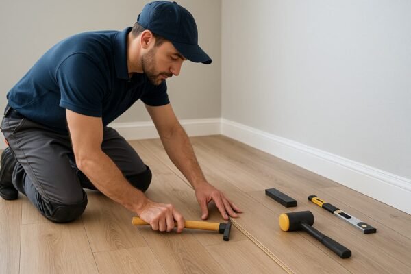 فني يركب ألواح باركيه حديثة بدقة في كيفان