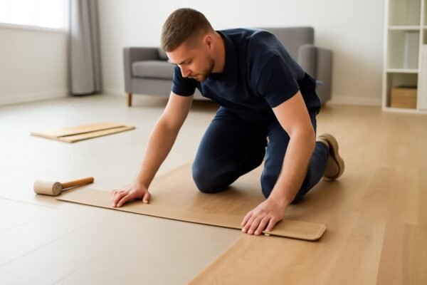 فني يقوم بتركيب باركيه PVC في غرفة المعيشة