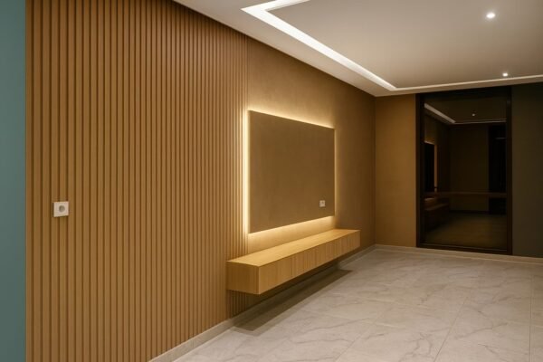 تصميم حائط بديل خشب حديث بإضاءة مخفية