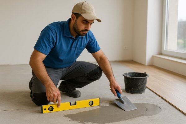 فني يفحص ويسوي أرضية قبل تركيب الباركيه في كيفان